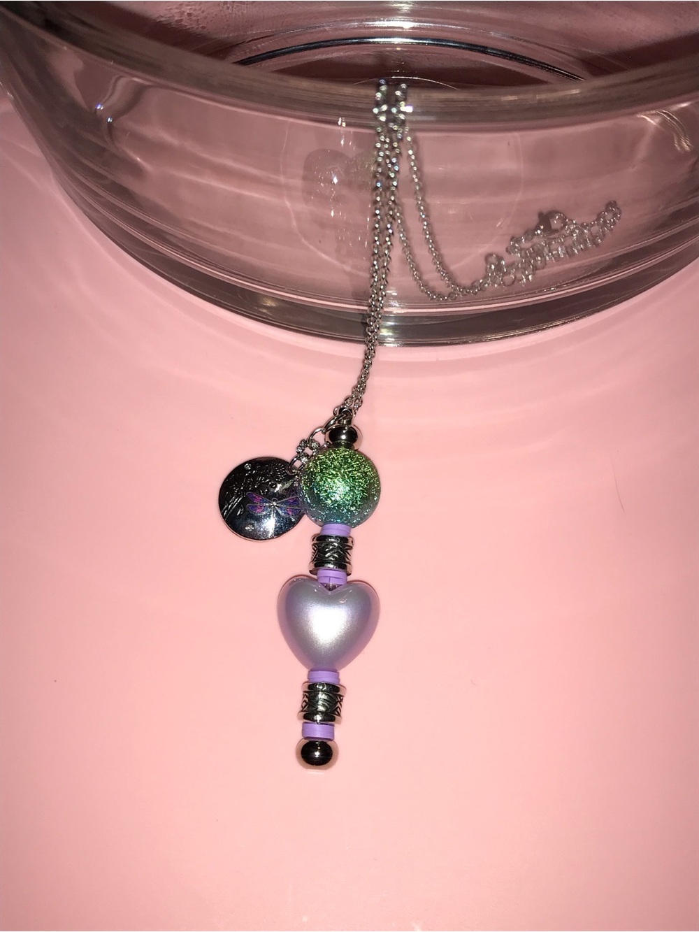 Silver Rearview Mirror with Lavender Heart and Green Glitter Bead